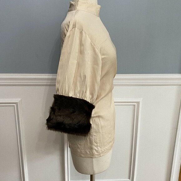 Zara Top Linen Blend Faux Fur Cuff High Neck Women's Size Small Old Money Mature - Picture 6 of 12